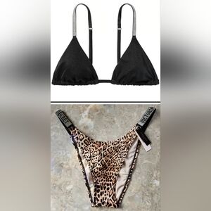 XXL/L VS Swim Shine Strap Triangle Bikini Top Brazilian Bikini Set Leopard